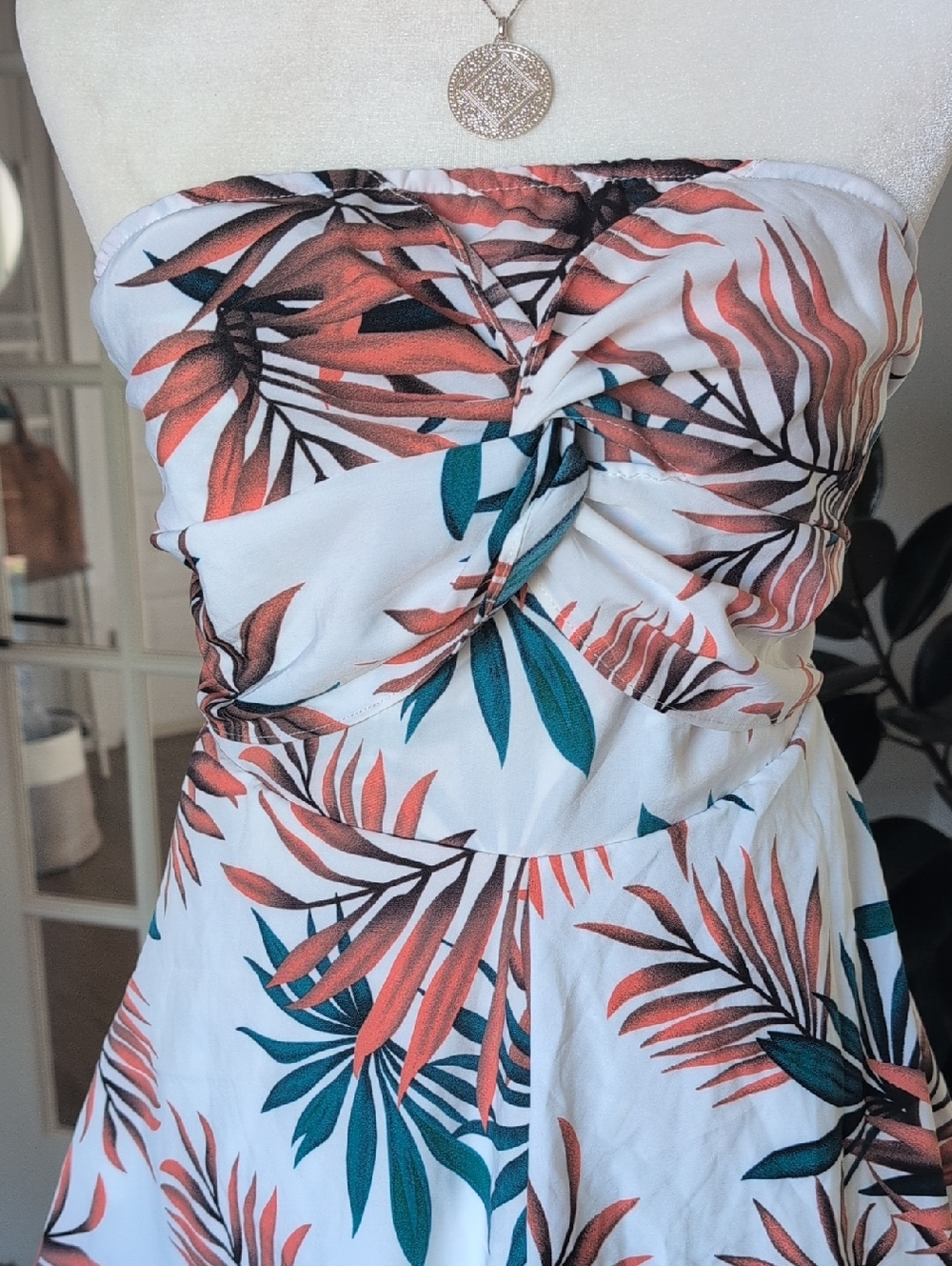 Boutique Tropical Strapless Romper in White with Palm Print Medium - Picture 2 of 7